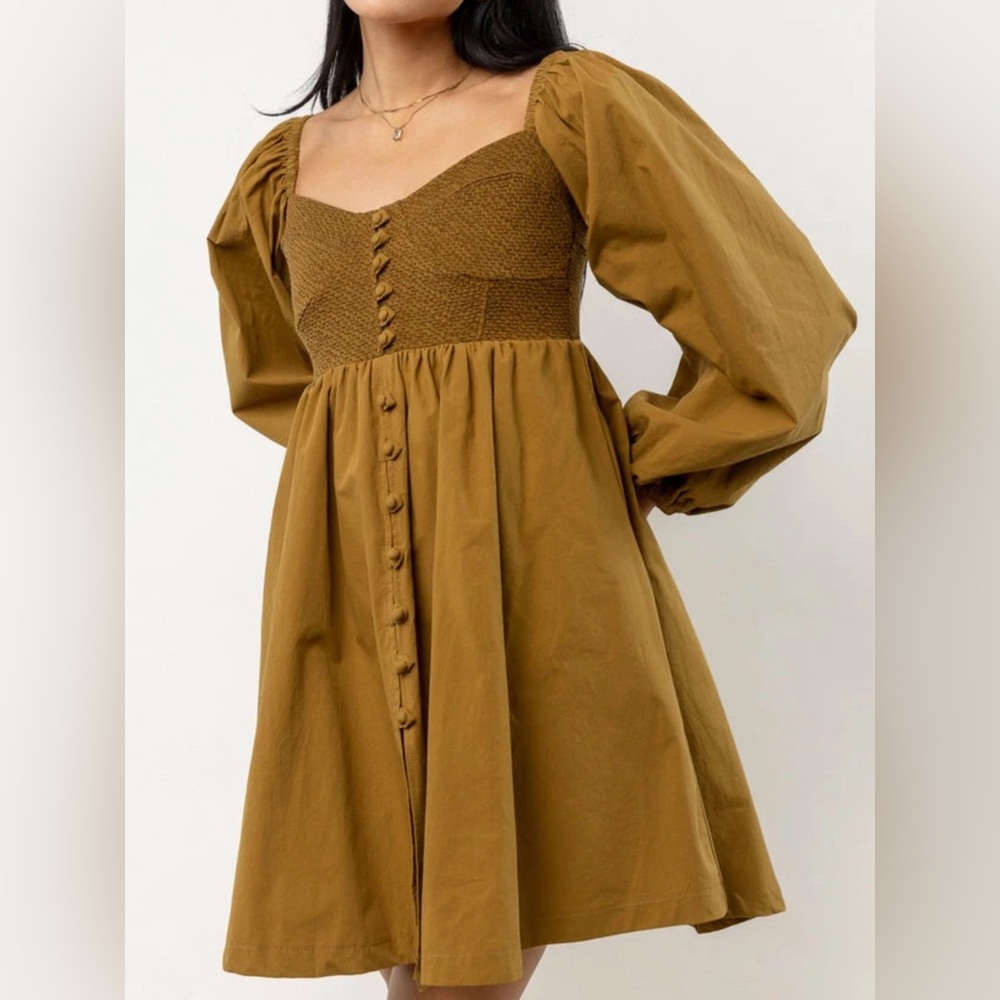 ALAMIA Off Shoulder Long Puff Sleeve Peasant Olive Green Mini Dress size S